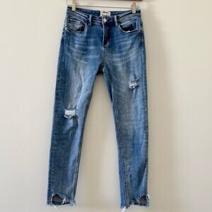 Acne Studios High Rise Straight Slim Jeans 26 Distressed Frayed Hem Blue Denim